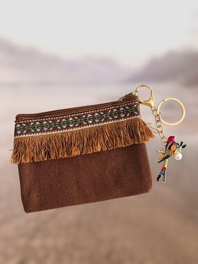 Embroidered Brown Zip Pouch with Parrot Bag Charm / Keychain